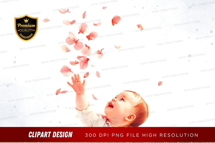 Baby reaching for falling petals