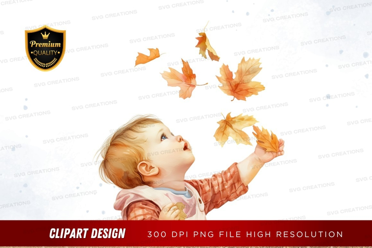 Baby playing with fall leaves
