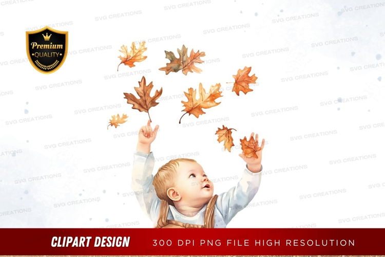 Baby playing with fall leaves