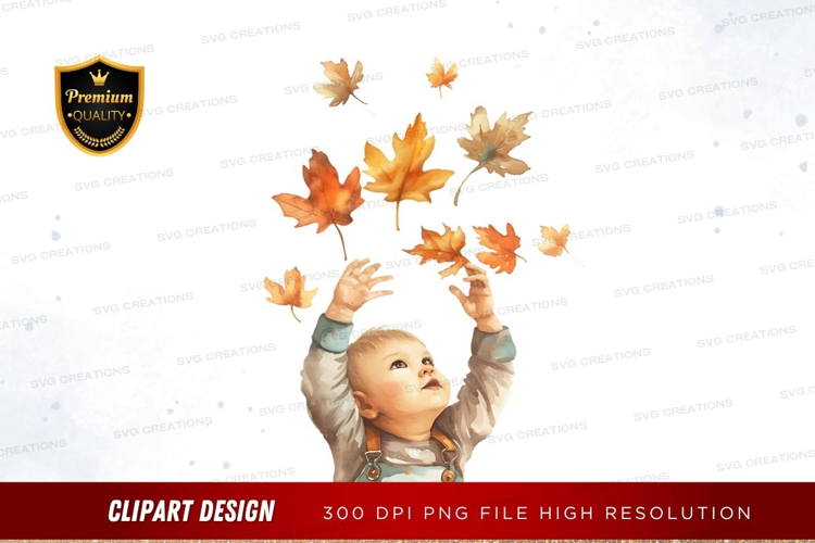 Baby with falling leaves