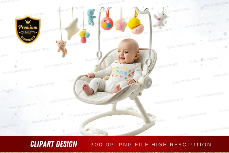 Baby in a swing with toys