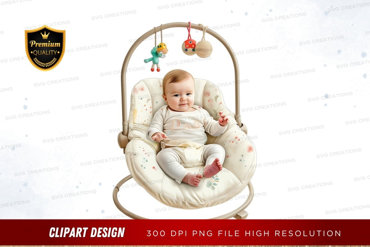 Baby in a swing with toys