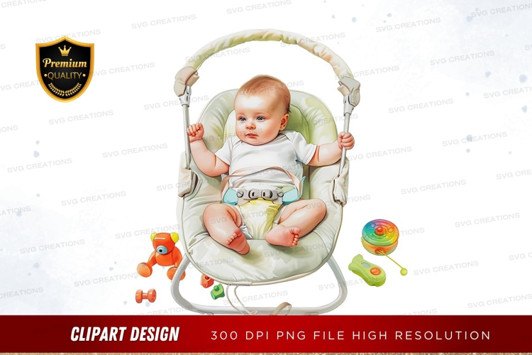 Baby in a swing with toys