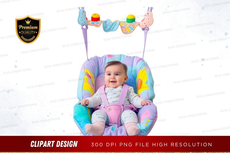 Baby in a colorful baby bouncer seat
