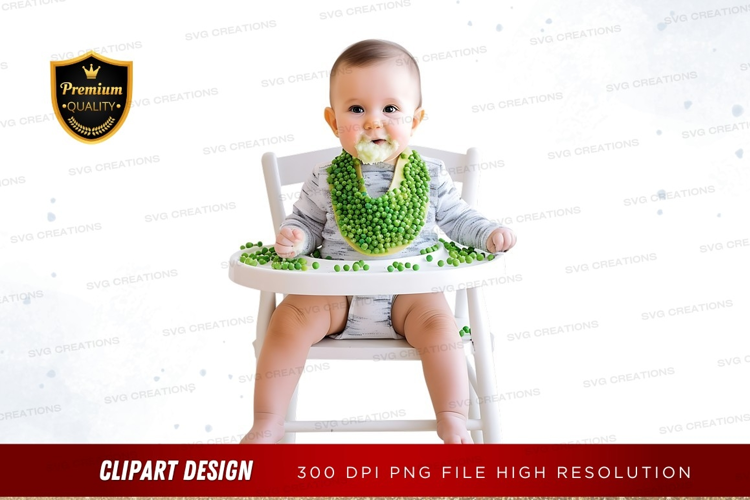 Baby in high chair with green bib