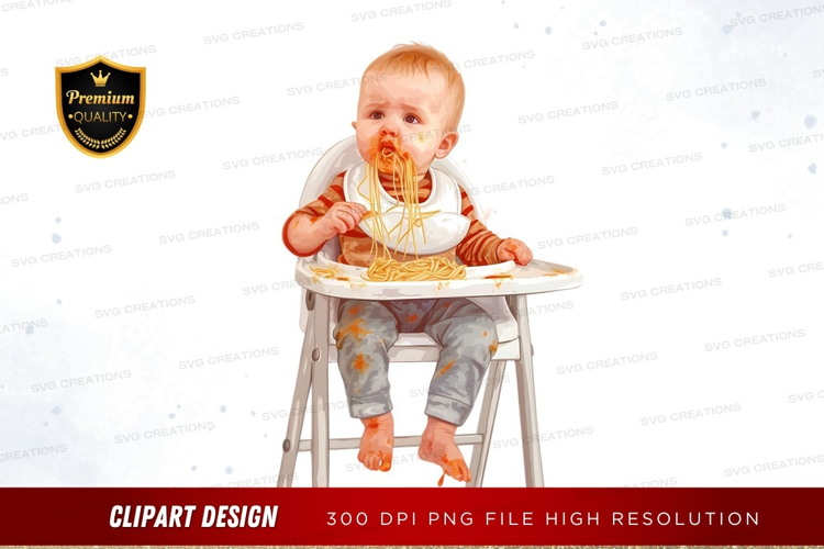 Baby eating spaghetti