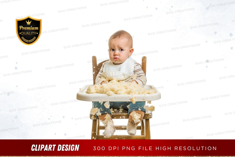 Baby in high chair with cake