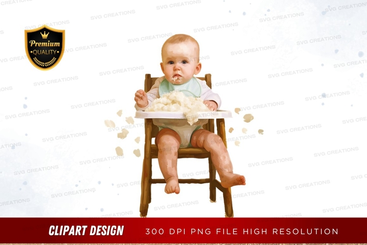 Baby eating in high chair clipart png