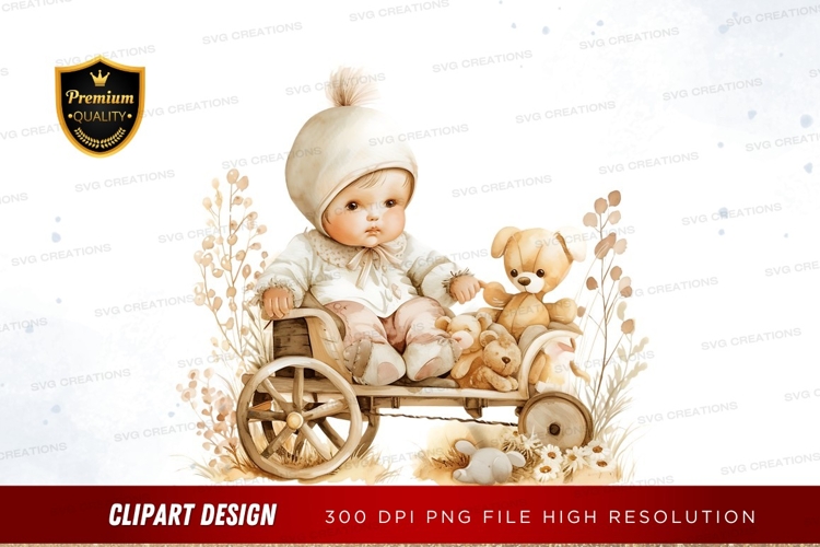 Baby with teddy bear in a cart