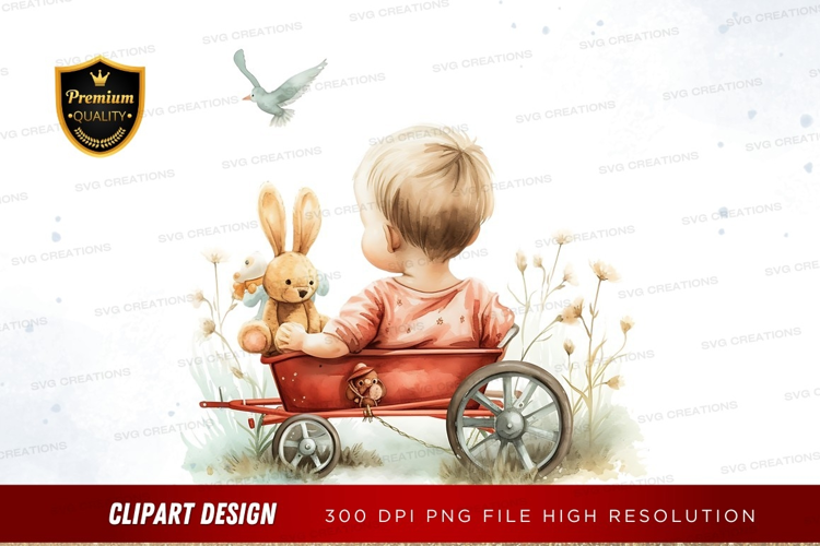 Child with toy wagon and bunny