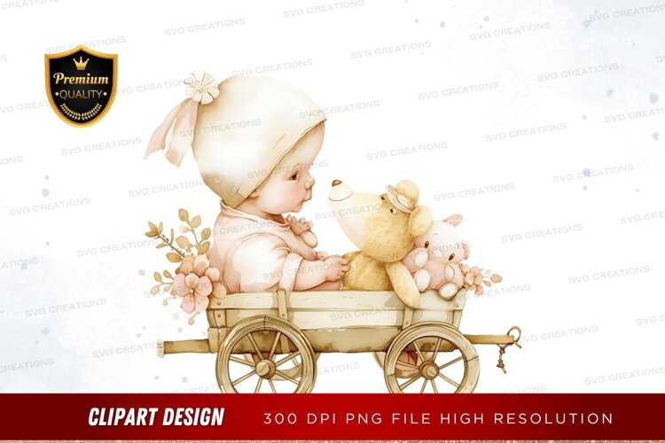 Baby in a wooden wagon with stuffed animals example image 1