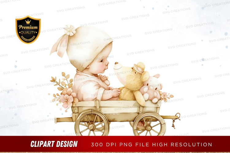Baby in a wooden wagon with stuffed animals
