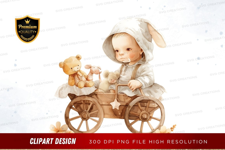 Baby in a carriage with stuffed animals