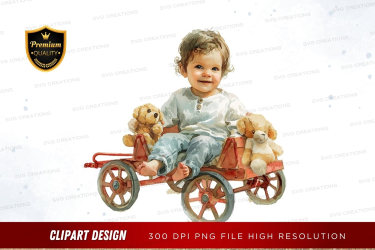 Happy child with toy wagon