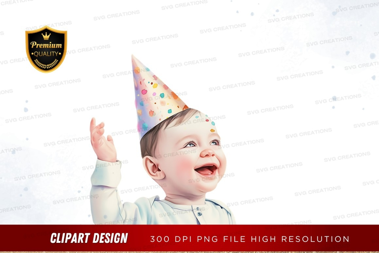 Happy baby wearing party hat