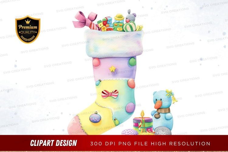 Colorful christmas stocking with toys and gifts