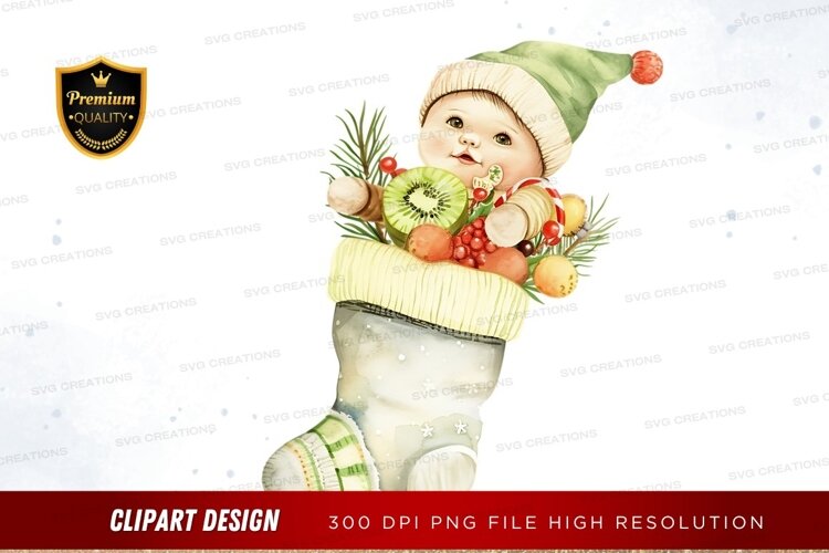 Baby in christmas stocking with fruits example image 1