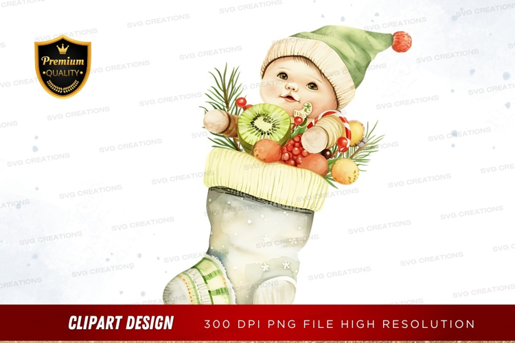 Baby in christmas stocking with fruits