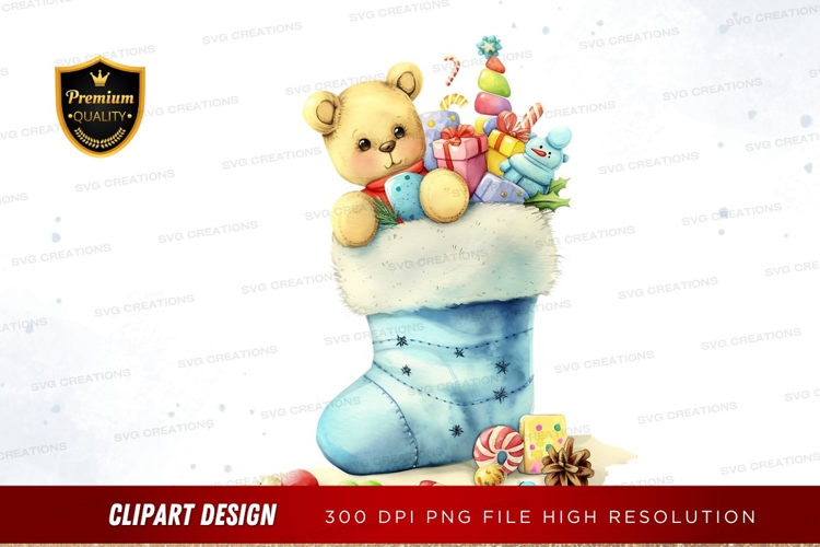Christmas stocking with teddy bear and gifts