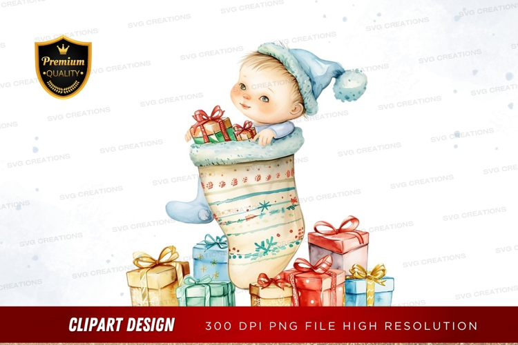 Baby in christmas stocking with gifts