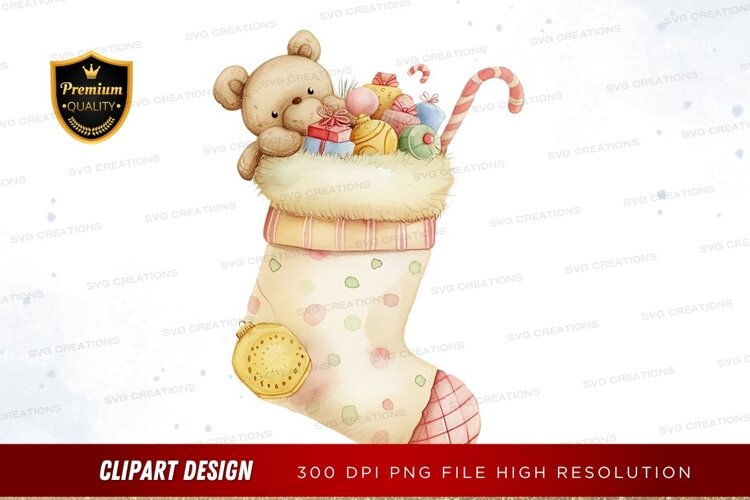 Christmas stocking with teddy bear and gifts example image 1