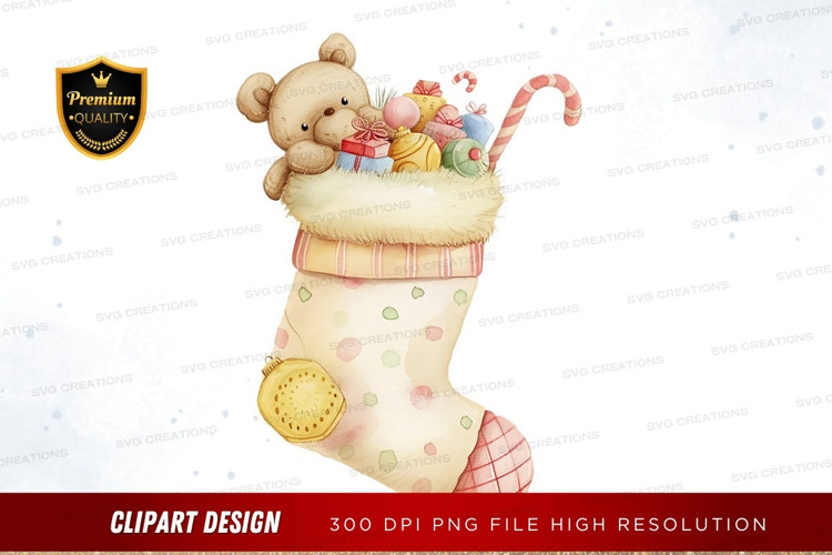 Christmas stocking with teddy bear and gifts