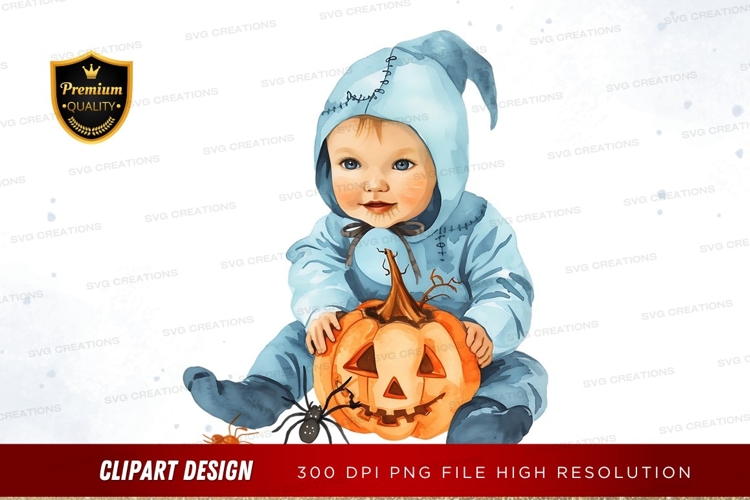 Baby in halloween costume holding pumpkin