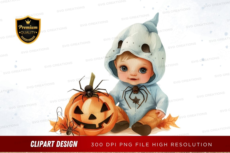 Baby in shark costume with pumpkin and spider