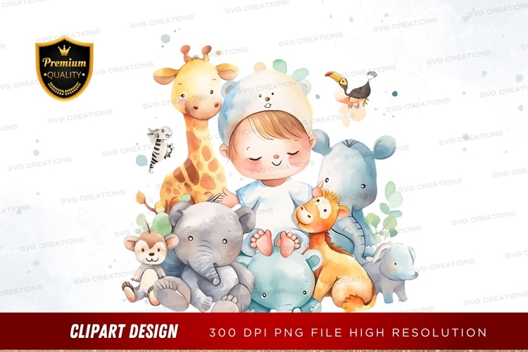 Baby with cute animals clipart png