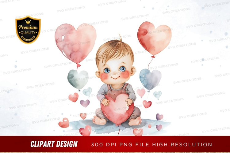 Happy baby with hearts and balloons