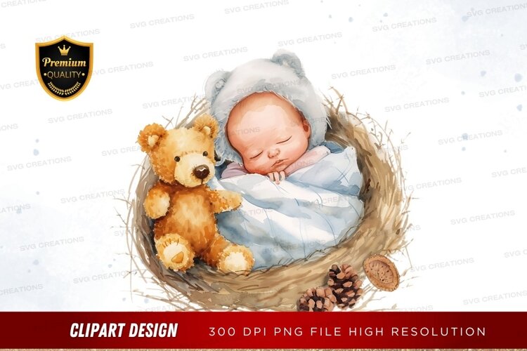 Sleeping baby in a nest with a teddy bear example image 1