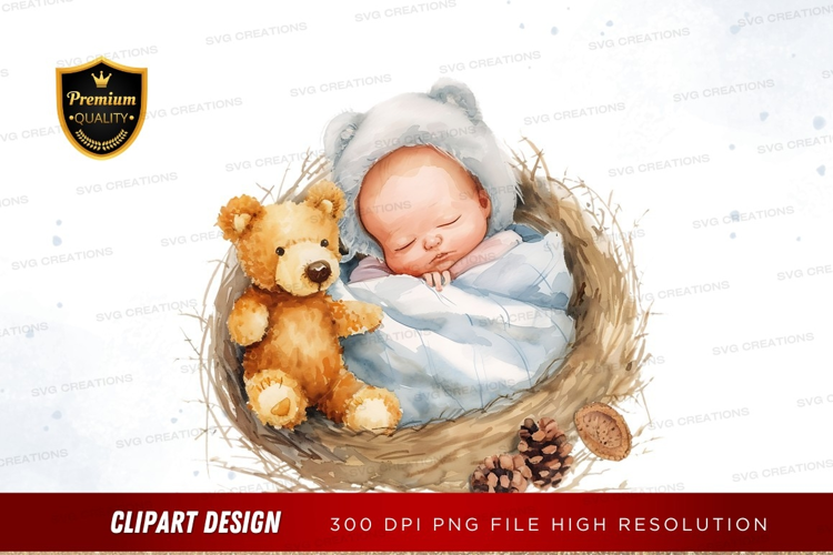 Sleeping baby in a nest with a teddy bear