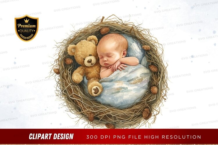 Baby in a nest with teddy bear example image 1
