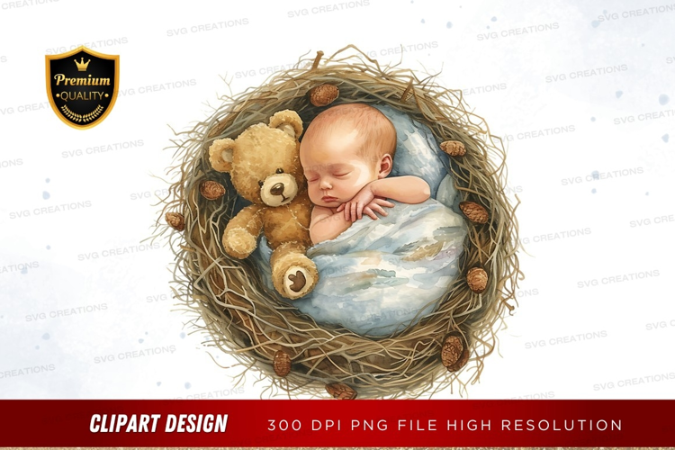 Baby in a nest with teddy bear