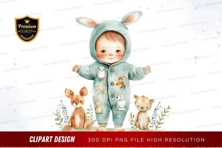 Baby in bunny costume with stuffed animals