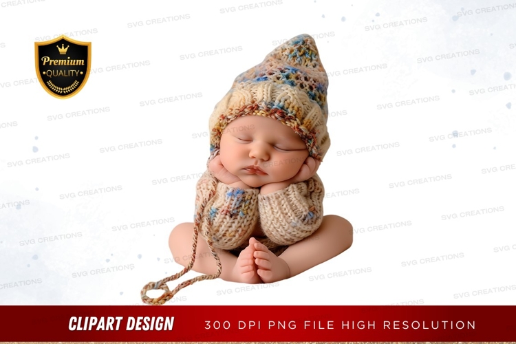 Sleeping baby in knitted outfit