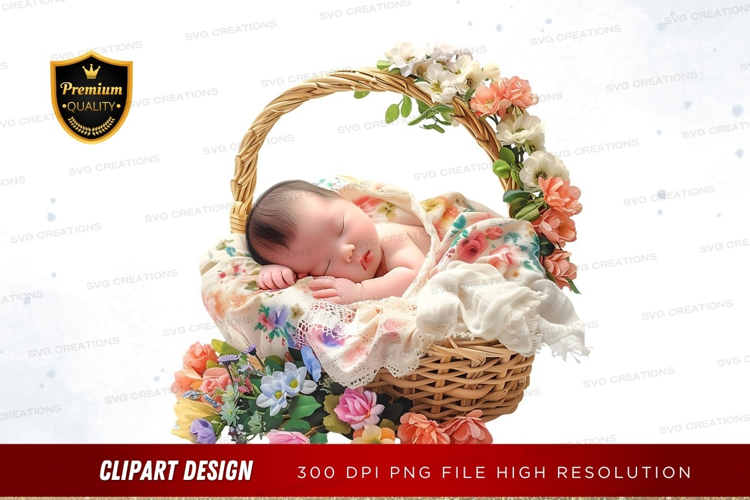 Sleeping baby in a floral basket