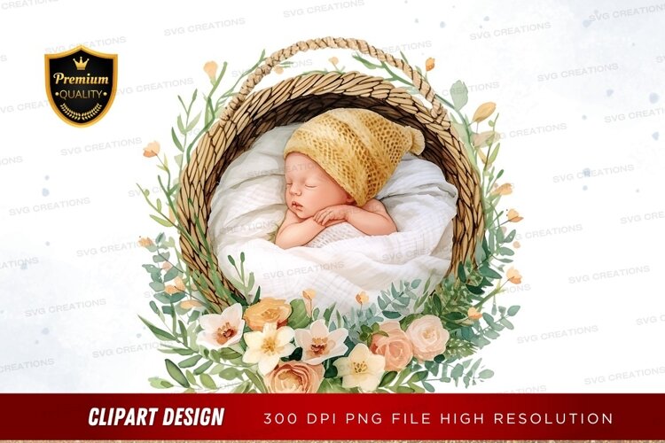 Sleeping baby in a basket with flowers example image 1