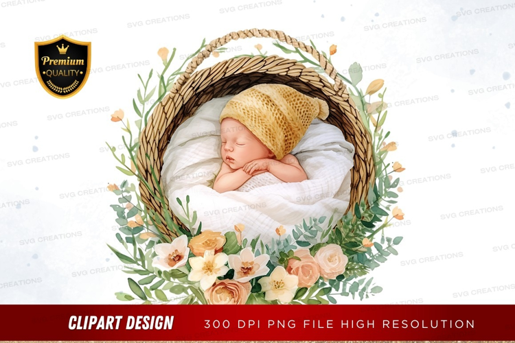Sleeping baby in a basket with flowers