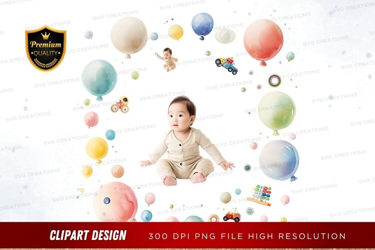 Baby surrounded by colorful balloons and toys example image 1