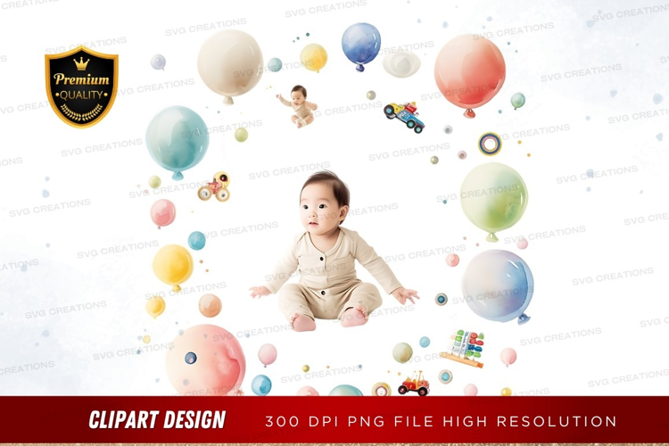 Baby surrounded by colorful balloons and toys