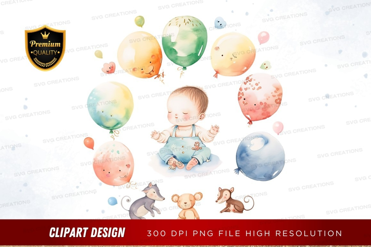 Baby with balloons and animals