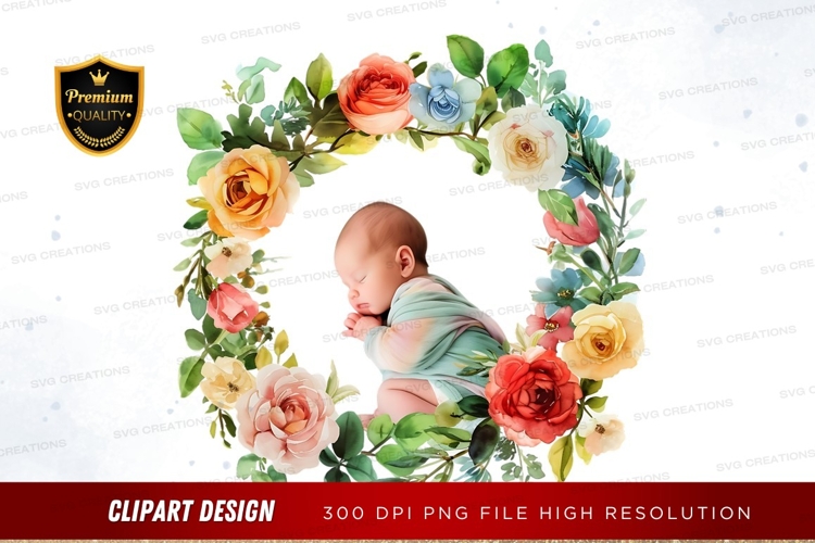 Baby in floral wreath clipart png