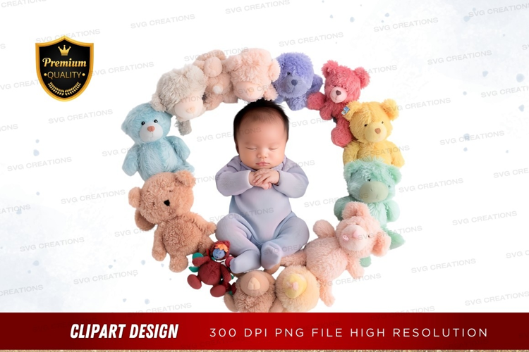 Baby surrounded by stuffed animals