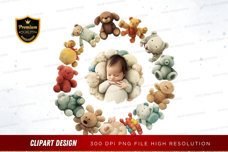 Baby surrounded by stuffed animals