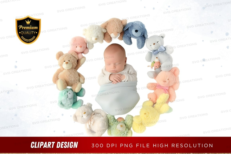 Newborn baby surrounded by stuffed animals
