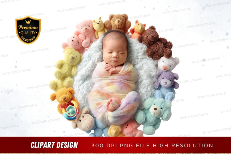 Newborn baby surrounded by stuffed animals