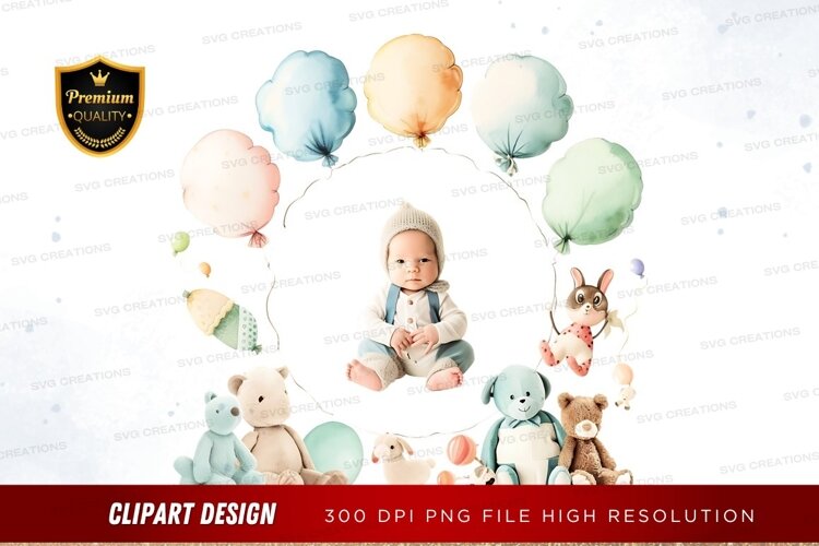 Baby with balloons and stuffed animals example image 1