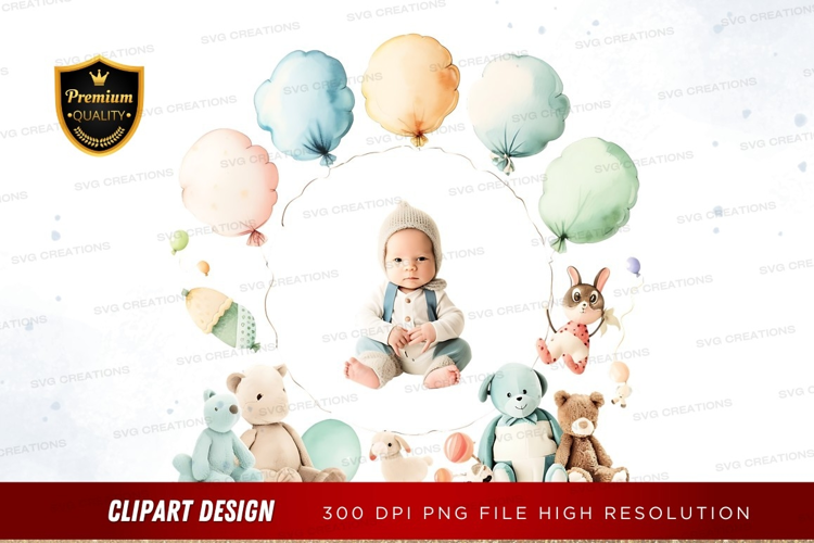Baby with balloons and stuffed animals
