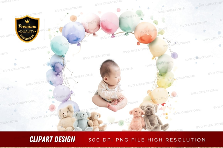 Baby with balloons and teddy bears